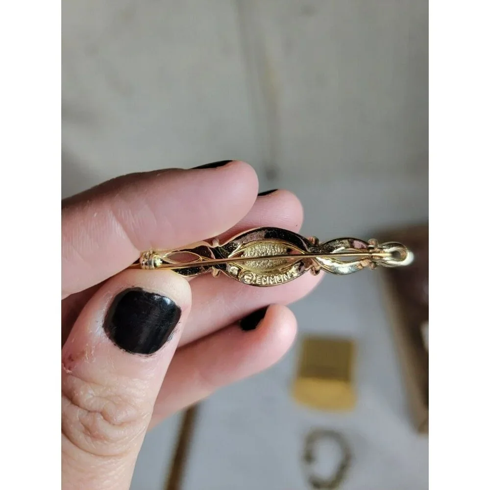 Emmons‎ Faux Pearl Rhinestone Gold Tone Bar Brooch Pin Signed Vintage